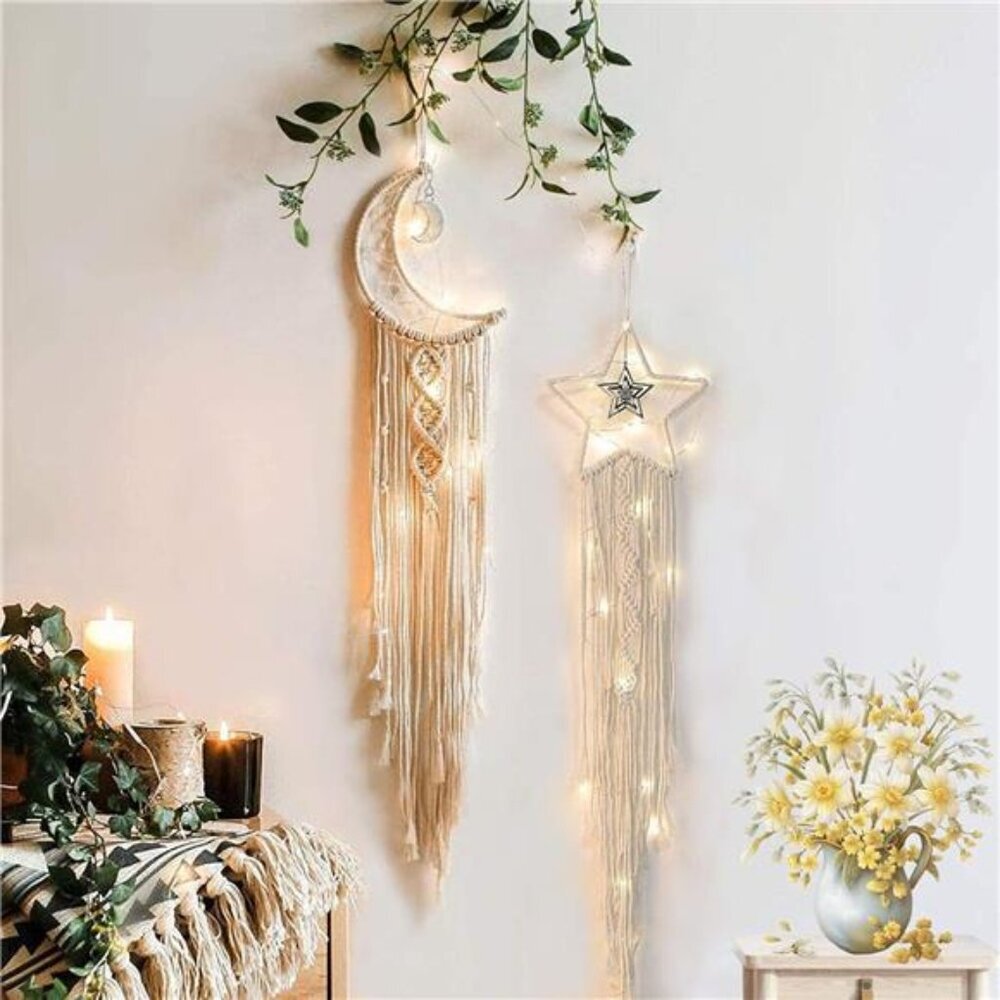 Moon Star Dream Catcher Decor,2pcs Boho Home Moon Star Dreamcatcher,Macrame Wall